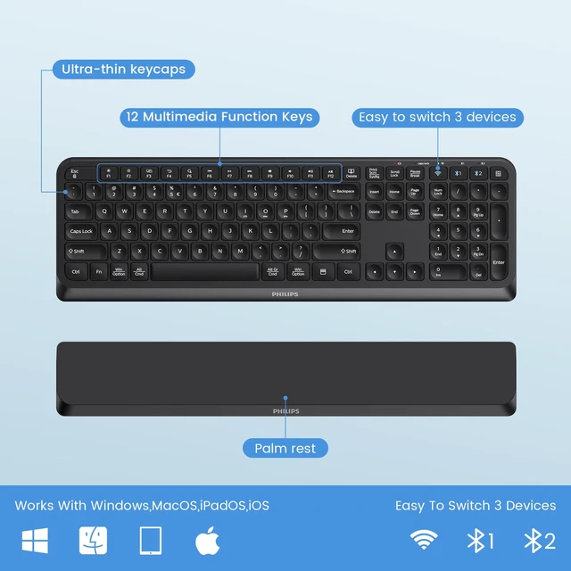 Alt view image 6 of 7 - Bluetooth Keyboard and Mouse Combo - Bluetooth 2.4Ghz Wireless Keyboard and Mouse,Ergonomic Design with Palm Rest,3-Device Connectivity, 5 DPI Mouse, Long Battery for Office & Home - SPT6607