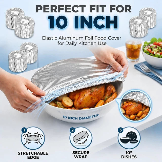 Alt view image 2 of 7 - Reusable Aluminum Foil Elastic Disposable Stretch Food Covers | Fits Bowls Plates Pans Containers Up To 10 Inches Wide Kitchen Storage Outdoor Picnic Leftovers Serving Dish Lid Alternative