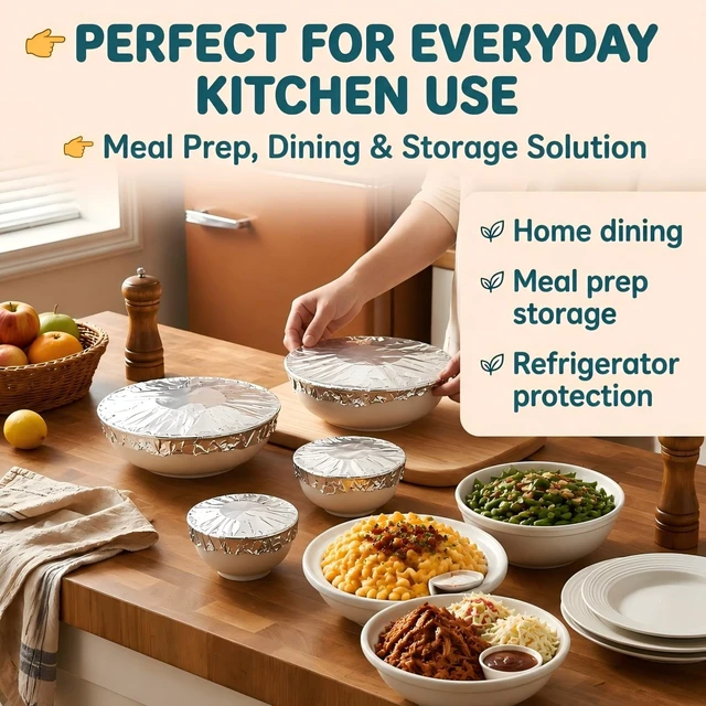 Alt view image 4 of 7 - Reusable Aluminum Foil Elastic Disposable Stretch Food Covers | Fits Bowls Plates Pans Containers Up To 10 Inches Wide Kitchen Storage Outdoor Picnic Leftovers Serving Dish Lid Alternative