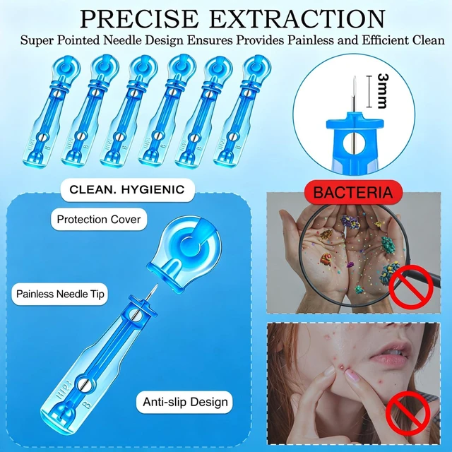 Alt view image 4 of 6 - 60PCS Pimple Popper Kit with 72 Acne Patches, Disposable Blemish Tool for Whitehead, Blackhead, Pimple Clearing, Ultra-Fine 0.3mm Tip for Home/Travel Use (Blue)