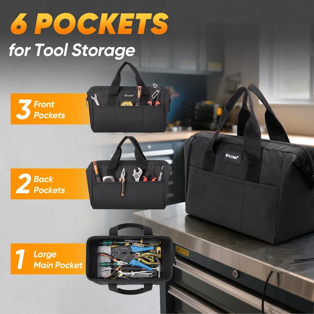 Alt view image 2 of 7 - Heavy Duty Tool Bag Organizer, Small Tool Box with Ergonomic Handle | Basic Version, 600D Oxford Water-Resistant Fabric, Wide Opening, Reinforced Ergonomic Handle, Six Pockets