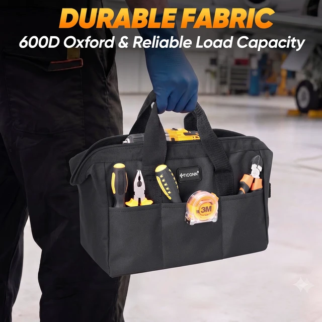 Alt view image 6 of 7 - Heavy Duty Tool Bag Organizer, Small Tool Box with Ergonomic Handle | Basic Version, 600D Oxford Water-Resistant Fabric, Wide Opening, Reinforced Ergonomic Handle, Six Pockets