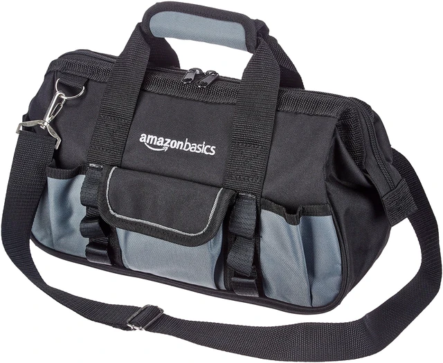 Main image of Durable Wear-Resistant Tool Storage Bag with Adjustable Shoulder Strap, Portable Tool Organizer, 16 Pockets, 12 in, Black & Gray