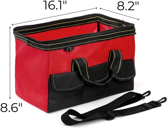 Alt view image 2 of 7 - 16 Inch Wide Mouth Tool Bag, Collapsible Tool Tote with Waterproof Coating and Adjustable Strap, Portable Electrician Tool Organizer Handbag with 5 Outside Pockets, Red