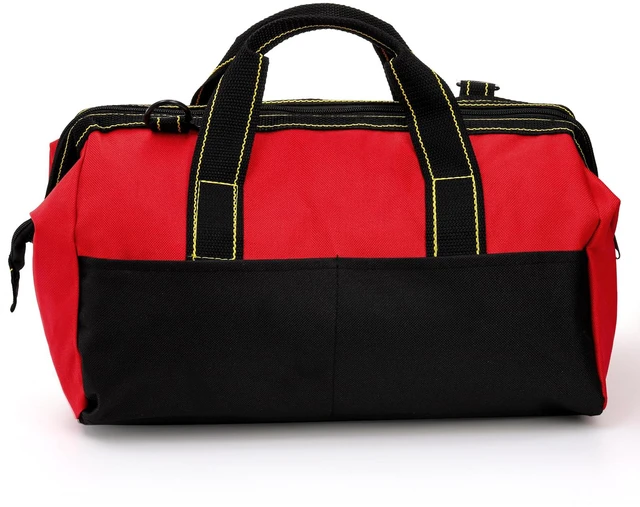 Alt view image 3 of 7 - 16 Inch Wide Mouth Tool Bag, Collapsible Tool Tote with Waterproof Coating and Adjustable Strap, Portable Electrician Tool Organizer Handbag with 5 Outside Pockets, Red