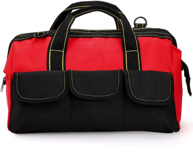 Alt view image 4 of 7 - 16 Inch Wide Mouth Tool Bag, Collapsible Tool Tote with Waterproof Coating and Adjustable Strap, Portable Electrician Tool Organizer Handbag with 5 Outside Pockets, Red