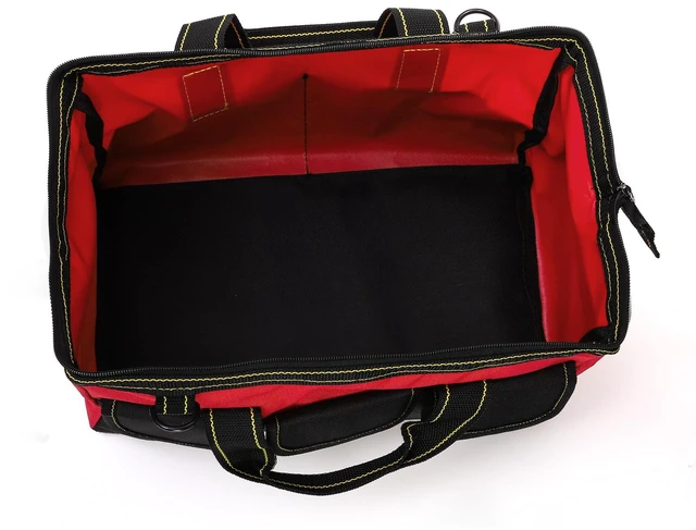 Alt view image 5 of 7 - 16 Inch Wide Mouth Tool Bag, Collapsible Tool Tote with Waterproof Coating and Adjustable Strap, Portable Electrician Tool Organizer Handbag with 5 Outside Pockets, Red