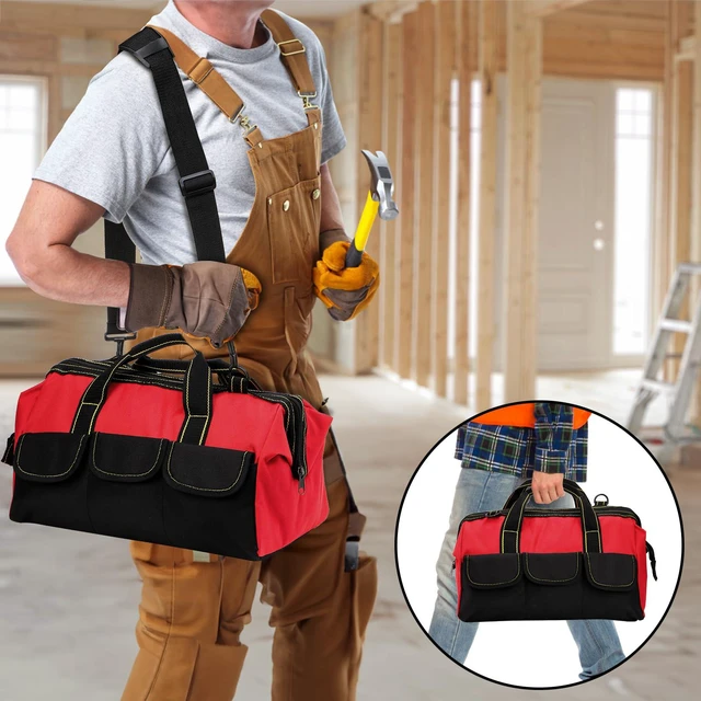 Alt view image 6 of 7 - 16 Inch Wide Mouth Tool Bag, Collapsible Tool Tote with Waterproof Coating and Adjustable Strap, Portable Electrician Tool Organizer Handbag with 5 Outside Pockets, Red