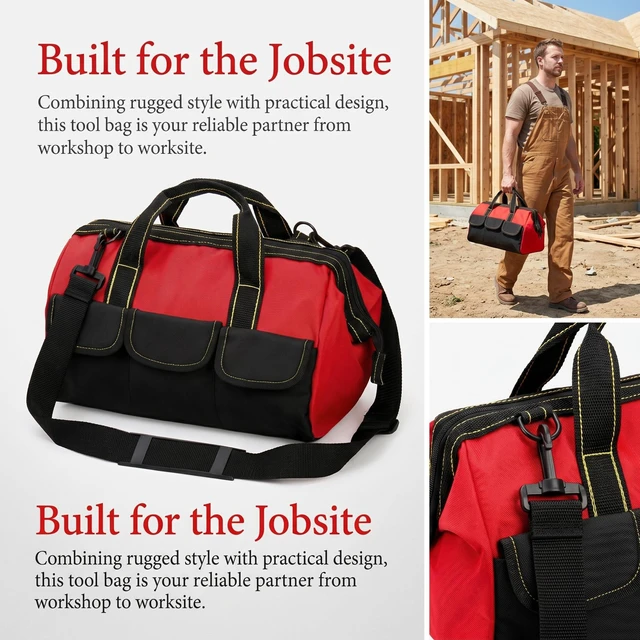 Alt view image 7 of 7 - 16 Inch Wide Mouth Tool Bag, Collapsible Tool Tote with Waterproof Coating and Adjustable Strap, Portable Electrician Tool Organizer Handbag with 5 Outside Pockets, Red