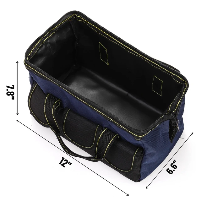 Alt view image 2 of 7 - 3 Pack Tool Bag, Wide Mouth Tool Tote Bag with Waterproof Base, Heavy Duty Tool Storage Bag Organizer for Various Tools, 5 Pockets, Blue, Yellow, Red, 12 Inch