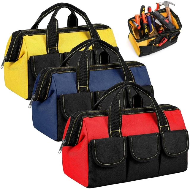 Main image of 3 Pack Tool Bag, Wide Mouth Tool Tote Bag with Waterproof Base, Heavy Duty Tool Storage Bag Organizer for Various Tools, 5 Pockets, Blue, Yellow, Red, 12 Inch