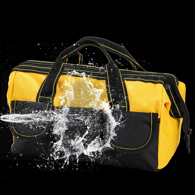 Alt view image 3 of 7 - 3 Pack Tool Bag, Wide Mouth Tool Tote Bag with Waterproof Base, Heavy Duty Tool Storage Bag Organizer for Various Tools, 5 Pockets, Blue, Yellow, Red, 12 Inch