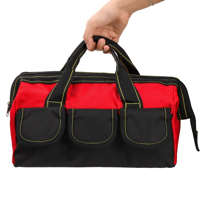 Alt view image 4 of 7 - 3 Pack Tool Bag, Wide Mouth Tool Tote Bag with Waterproof Base, Heavy Duty Tool Storage Bag Organizer for Various Tools, 5 Pockets, Blue, Yellow, Red, 12 Inch