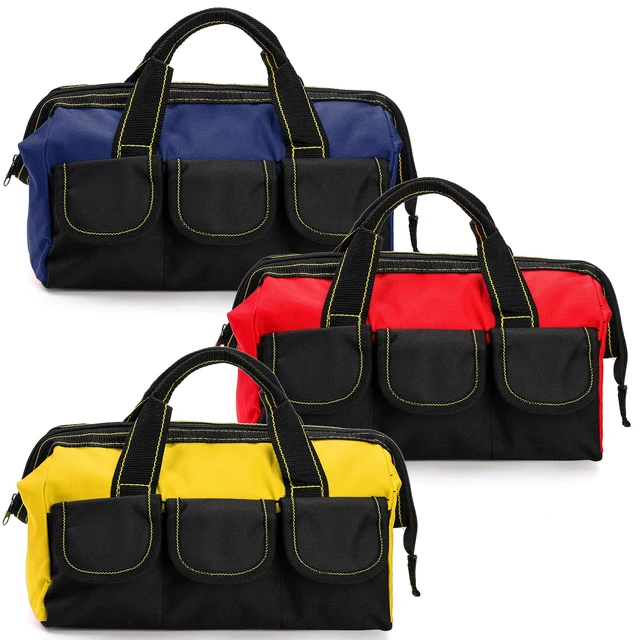 Alt view image 5 of 7 - 3 Pack Tool Bag, Wide Mouth Tool Tote Bag with Waterproof Base, Heavy Duty Tool Storage Bag Organizer for Various Tools, 5 Pockets, Blue, Yellow, Red, 12 Inch
