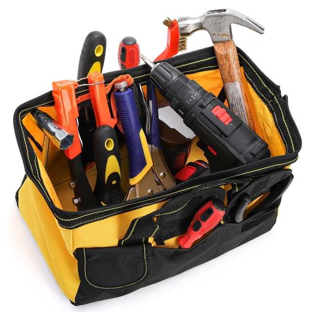 Alt view image 6 of 7 - 3 Pack Tool Bag, Wide Mouth Tool Tote Bag with Waterproof Base, Heavy Duty Tool Storage Bag Organizer for Various Tools, 5 Pockets, Blue, Yellow, Red, 12 Inch