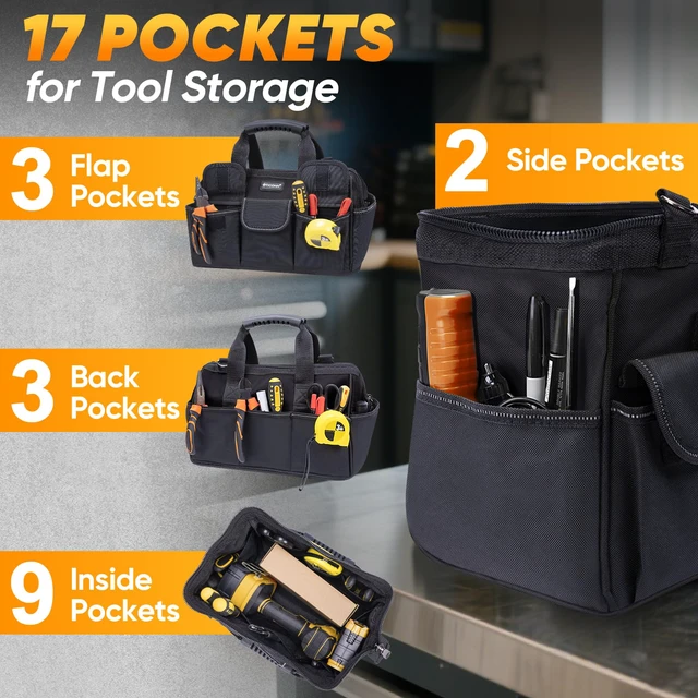 Alt view image 4 of 7 - Heavy Duty Tool Bag Organizer, Portable Tool Box with Shoulder Strap | 600D Oxford Water-Resistant Fabric, Abrasion-Resistant Bottom, Adjustable Shoulder Strap, Ergonomic Handle, Reflective Detail