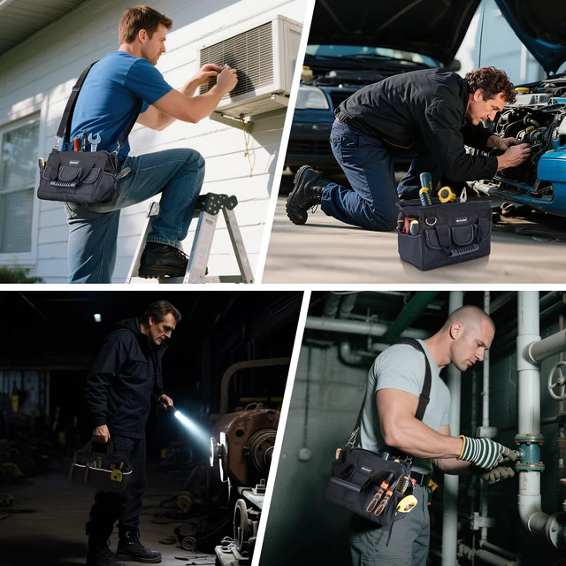 Alt view image 7 of 7 - Heavy Duty Tool Bag Organizer, Portable Tool Box with Shoulder Strap | 600D Oxford Water-Resistant Fabric, Abrasion-Resistant Bottom, Adjustable Shoulder Strap, Ergonomic Handle, Reflective Detail