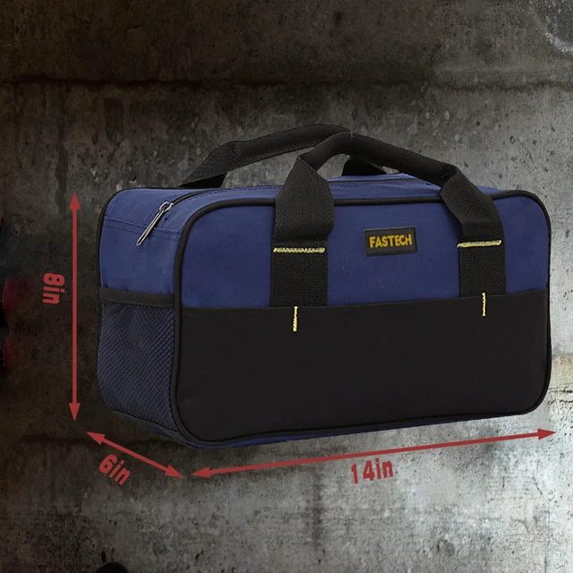 Alt view image 2 of 7 - 14 Inch Small Tool Tote Bag, Wide Mouth Tool Tote Bag, Waterproof Tool Organizer Bag, Multi-Pockets Wide Mouth Tool Tote For Man/Woman (Blue)