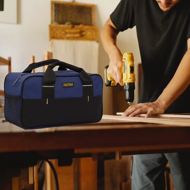 Alt view image 6 of 7 - 14 Inch Small Tool Tote Bag, Wide Mouth Tool Tote Bag, Waterproof Tool Organizer Bag, Multi-Pockets Wide Mouth Tool Tote For Man/Woman (Blue)