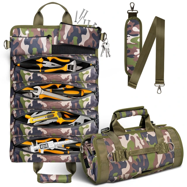 Main image of Tool Bag, Heavy Duty Tool Organizer, Portable Tool Pouch for Men with 2 Small Detachable Pouches, Foldable Carrying Tool Storage, Mechanic & Electrician Dad Birthday Gifts, Camo-Green