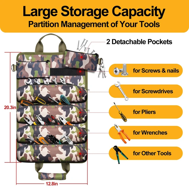 Alt view image 3 of 7 - Tool Bag, Heavy Duty Tool Organizer, Portable Tool Pouch for Men with 2 Small Detachable Pouches, Foldable Carrying Tool Storage, Mechanic & Electrician Dad Birthday Gifts, Camo-Green