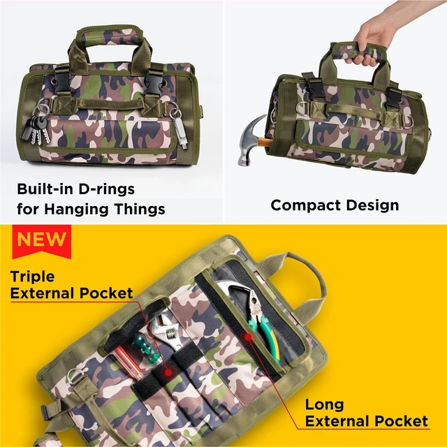 Alt view image 5 of 7 - Tool Bag, Heavy Duty Tool Organizer, Portable Tool Pouch for Men with 2 Small Detachable Pouches, Foldable Carrying Tool Storage, Mechanic & Electrician Dad Birthday Gifts, Camo-Green