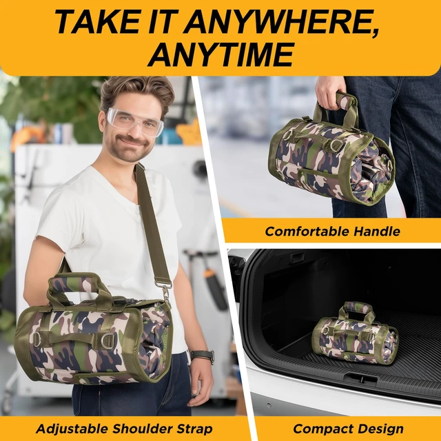 Alt view image 6 of 7 - Tool Bag, Heavy Duty Tool Organizer, Portable Tool Pouch for Men with 2 Small Detachable Pouches, Foldable Carrying Tool Storage, Mechanic & Electrician Dad Birthday Gifts, Camo-Green