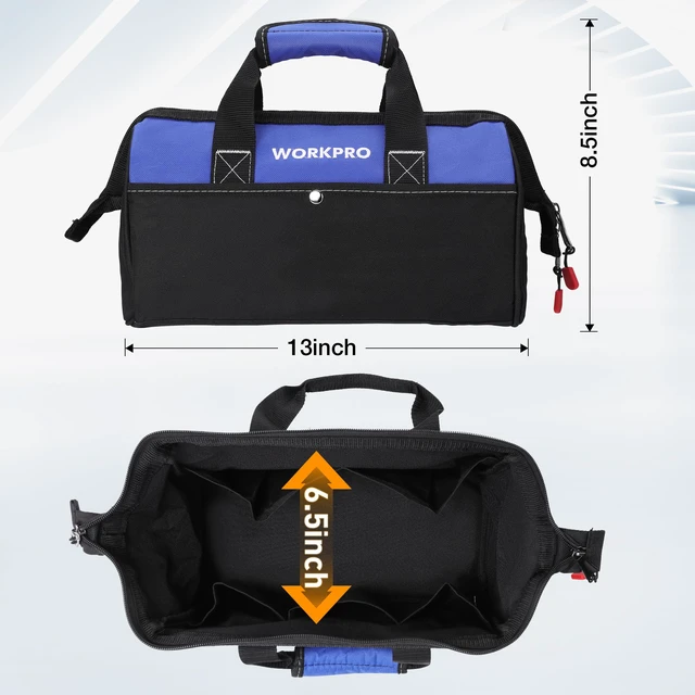 Alt view image 2 of 7 - 13-inch Tool Bag, Wide Mouth Tool Tote with Inside Pockets | Multi-Pocket, Heavy Duty Cloth, Double-pull Zipper, for Workshops, Outdoor Projects