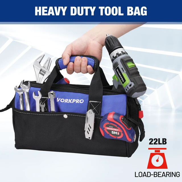 Alt view image 3 of 7 - 13-inch Tool Bag, Wide Mouth Tool Tote with Inside Pockets | Multi-Pocket, Heavy Duty Cloth, Double-pull Zipper, for Workshops, Outdoor Projects