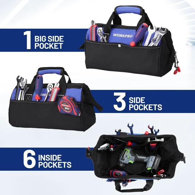 Alt view image 4 of 7 - 13-inch Tool Bag, Wide Mouth Tool Tote with Inside Pockets | Multi-Pocket, Heavy Duty Cloth, Double-pull Zipper, for Workshops, Outdoor Projects