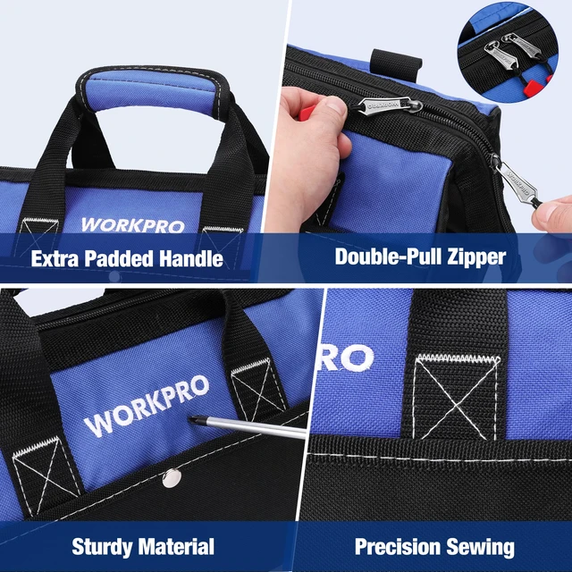 Alt view image 6 of 7 - 13-inch Tool Bag, Wide Mouth Tool Tote with Inside Pockets | Multi-Pocket, Heavy Duty Cloth, Double-pull Zipper, for Workshops, Outdoor Projects