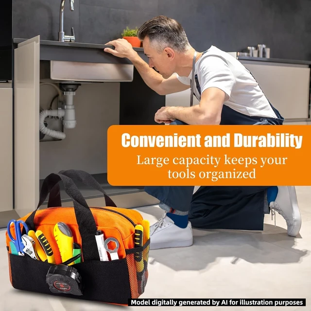 Alt view image 2 of 7 - 12" Tool Bag, Small Capacity Tool Bags for Men, Canvas Tools Organizer Bag | Close Top Wide Mouth with Shoulder Straps Side Pockets for Storage Handbag for Screwdrivers, Wrench(Orange, 12")