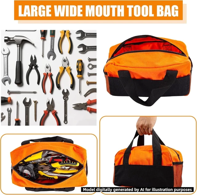 Alt view image 3 of 7 - 12" Tool Bag, Small Capacity Tool Bags for Men, Canvas Tools Organizer Bag | Close Top Wide Mouth with Shoulder Straps Side Pockets for Storage Handbag for Screwdrivers, Wrench(Orange, 12")