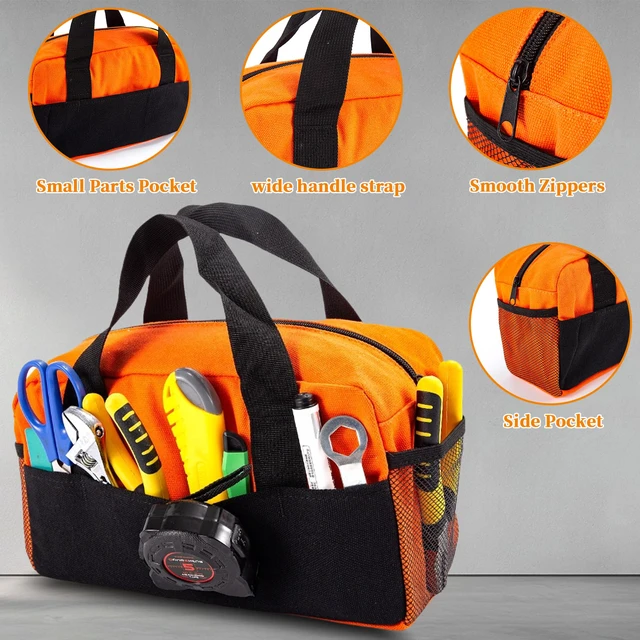 Alt view image 4 of 7 - 12" Tool Bag, Small Capacity Tool Bags for Men, Canvas Tools Organizer Bag | Close Top Wide Mouth with Shoulder Straps Side Pockets for Storage Handbag for Screwdrivers, Wrench(Orange, 12")