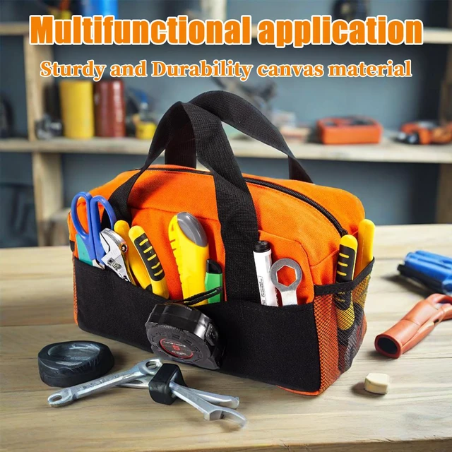 Alt view image 6 of 7 - 12" Tool Bag, Small Capacity Tool Bags for Men, Canvas Tools Organizer Bag | Close Top Wide Mouth with Shoulder Straps Side Pockets for Storage Handbag for Screwdrivers, Wrench(Orange, 12")