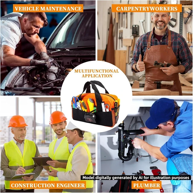 Alt view image 7 of 7 - 12" Tool Bag, Small Capacity Tool Bags for Men, Canvas Tools Organizer Bag | Close Top Wide Mouth with Shoulder Straps Side Pockets for Storage Handbag for Screwdrivers, Wrench(Orange, 12")