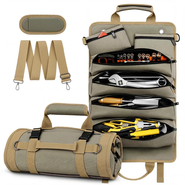 Main image of Tool Roll Up Bag, 1680D Heavy Duty Tool Bag Organizer with 2 Detachable Tool Pouches & Multiple Pockets, Waterproof Motorcycle Tool Roll for Mechanic & Electrician, Gift for Men Him Dad, 21.9"*13.8"