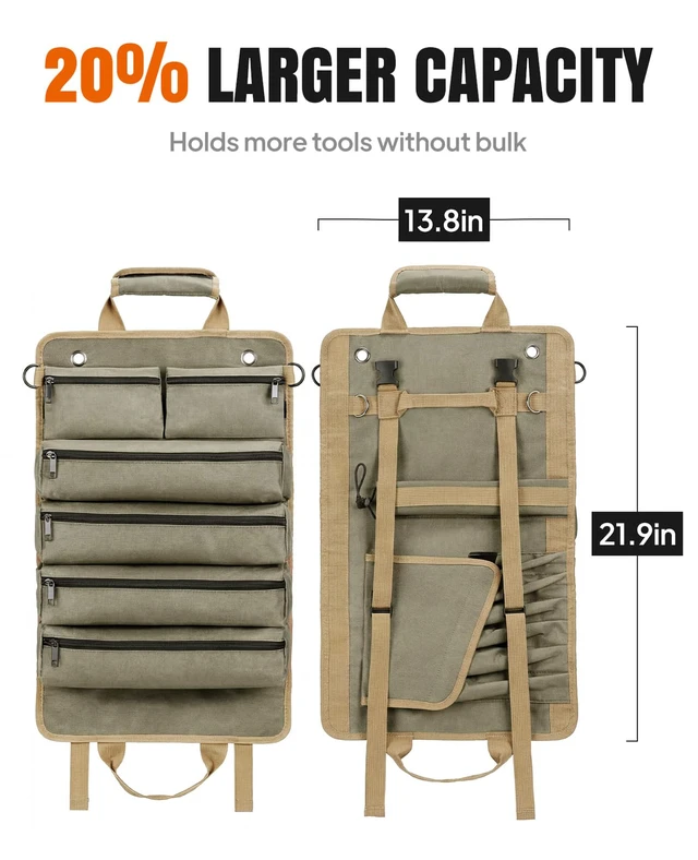 Alt view image 2 of 7 - Tool Roll Up Bag, 1680D Heavy Duty Tool Bag Organizer with 2 Detachable Tool Pouches & Multiple Pockets, Waterproof Motorcycle Tool Roll for Mechanic & Electrician, Gift for Men Him Dad, 21.9"*13.8"