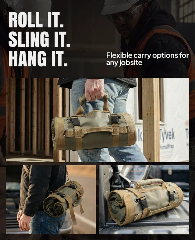Alt view image 4 of 7 - Tool Roll Up Bag, 1680D Heavy Duty Tool Bag Organizer with 2 Detachable Tool Pouches & Multiple Pockets, Waterproof Motorcycle Tool Roll for Mechanic & Electrician, Gift for Men Him Dad, 21.9"*13.8"
