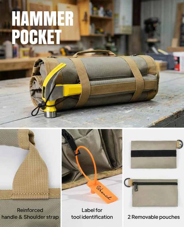 Alt view image 5 of 7 - Tool Roll Up Bag, 1680D Heavy Duty Tool Bag Organizer with 2 Detachable Tool Pouches & Multiple Pockets, Waterproof Motorcycle Tool Roll for Mechanic & Electrician, Gift for Men Him Dad, 21.9"*13.8"