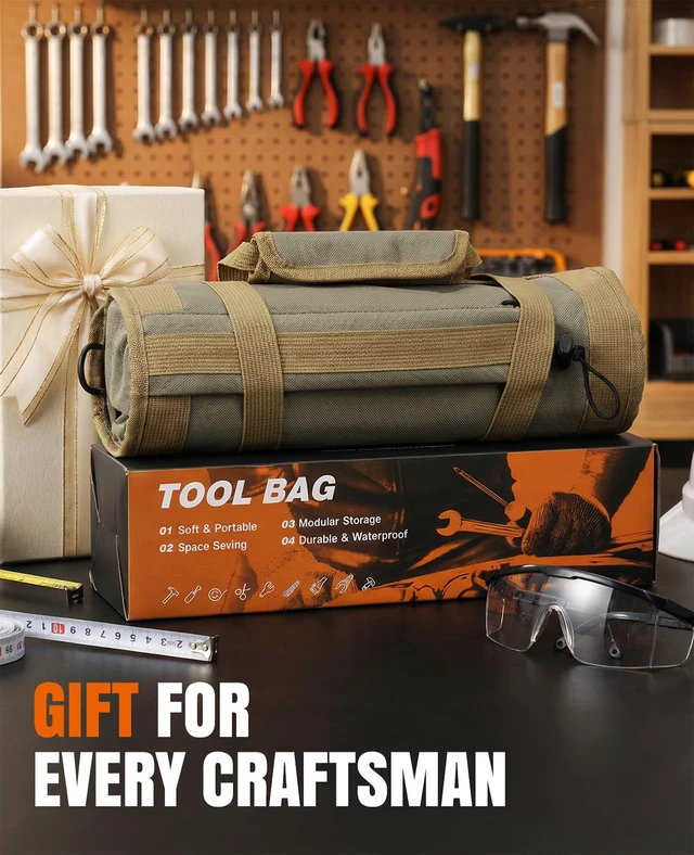 Alt view image 7 of 7 - Tool Roll Up Bag, 1680D Heavy Duty Tool Bag Organizer with 2 Detachable Tool Pouches & Multiple Pockets, Waterproof Motorcycle Tool Roll for Mechanic & Electrician, Gift for Men Him Dad, 21.9"*13.8"