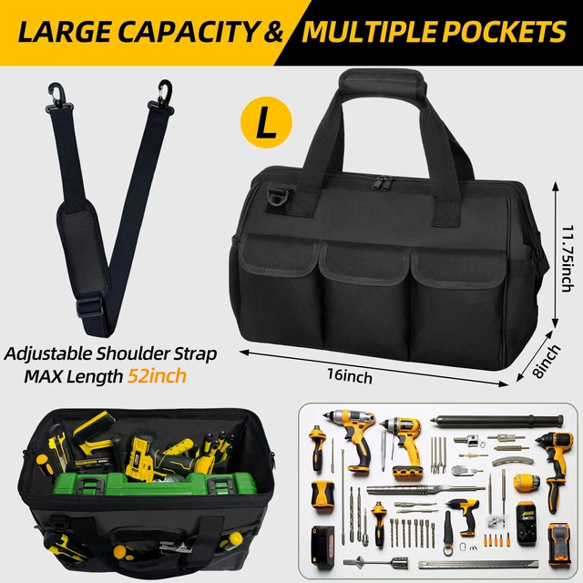 Alt view image 2 of 7 - Portable Tool Bag Heavy Duty Tool Box Organizer with Shoulder Strap, Black | Heavy-Duty Tool Tote With Wide Mouth Opening & Adjustable Shoulder Strap. Durable Storage Bag For Mechanics & Engineers.