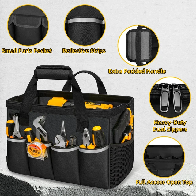 Alt view image 3 of 7 - Portable Tool Bag Heavy Duty Tool Box Organizer with Shoulder Strap, Black | Heavy-Duty Tool Tote With Wide Mouth Opening & Adjustable Shoulder Strap. Durable Storage Bag For Mechanics & Engineers.