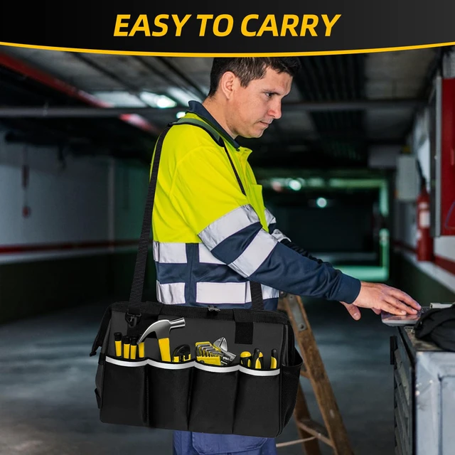 Alt view image 7 of 7 - Portable Tool Bag Heavy Duty Tool Box Organizer with Shoulder Strap, Black | Heavy-Duty Tool Tote With Wide Mouth Opening & Adjustable Shoulder Strap. Durable Storage Bag For Mechanics & Engineers.
