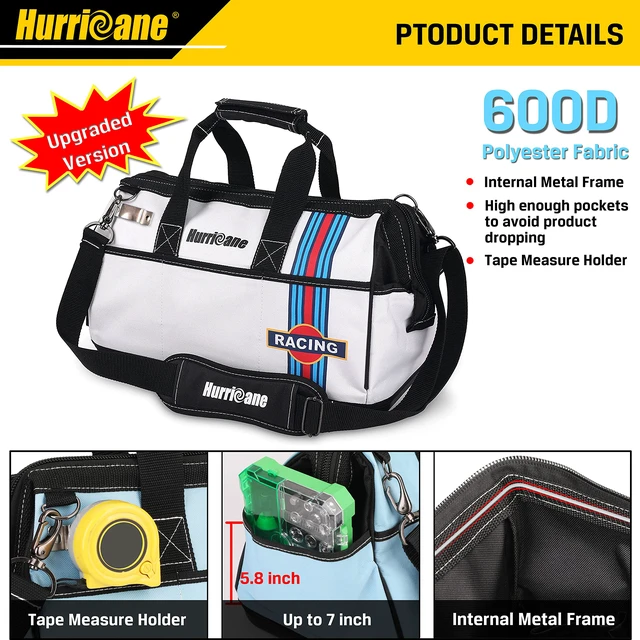Alt view image 3 of 7 - 16 inch Wide Mouth Tool Bag with Water Proof Molded Base with Extra Shoulder Strap, Upgrade Version, Racing theme-White, Multi Pockets, Large Inner Space