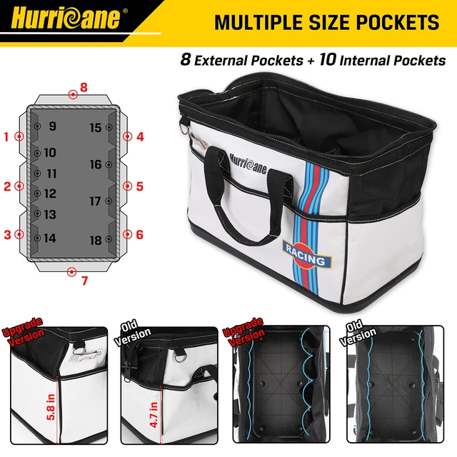 Alt view image 4 of 7 - 16 inch Wide Mouth Tool Bag with Water Proof Molded Base with Extra Shoulder Strap, Upgrade Version, Racing theme-White, Multi Pockets, Large Inner Space
