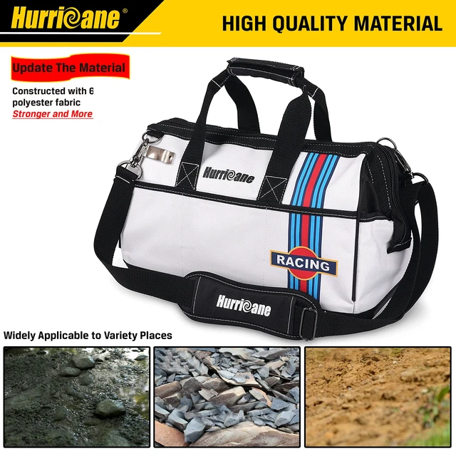 Alt view image 5 of 7 - 16 inch Wide Mouth Tool Bag with Water Proof Molded Base with Extra Shoulder Strap, Upgrade Version, Racing theme-White, Multi Pockets, Large Inner Space