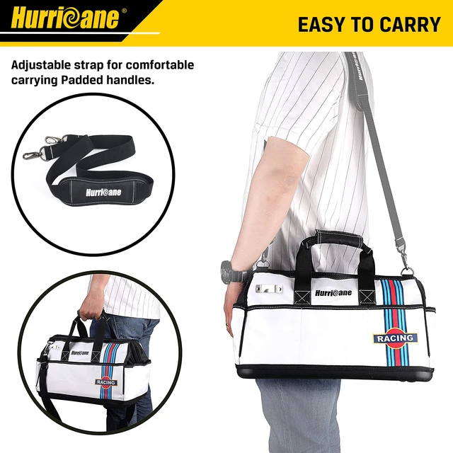 Alt view image 7 of 7 - 16 inch Wide Mouth Tool Bag with Water Proof Molded Base with Extra Shoulder Strap, Upgrade Version, Racing theme-White, Multi Pockets, Large Inner Space