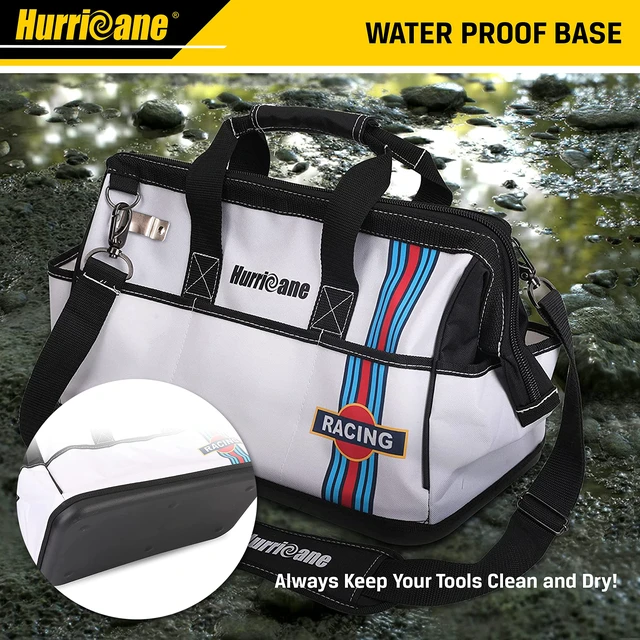 Alt view image 6 of 7 - 16 inch Wide Mouth Tool Bag with Water Proof Molded Base with Extra Shoulder Strap, Upgrade Version, Racing theme-White, Multi Pockets, Large Inner Space