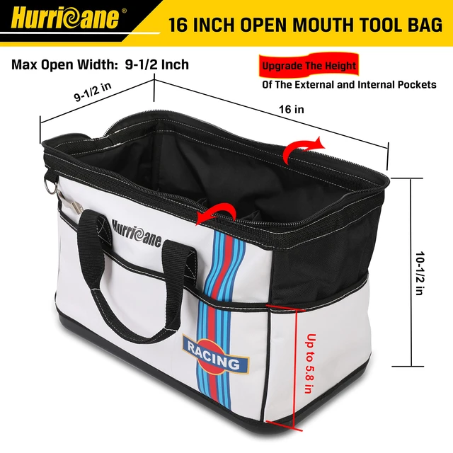Alt view image 2 of 7 - 16 inch Wide Mouth Tool Bag with Water Proof Molded Base with Extra Shoulder Strap, Upgrade Version, Racing theme-White, Multi Pockets, Large Inner Space